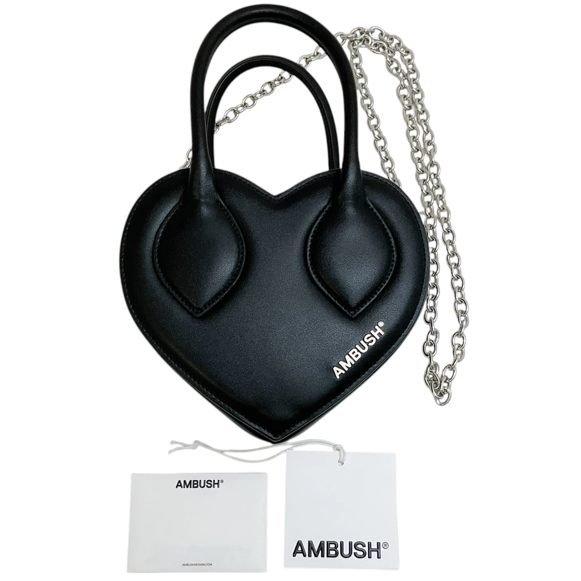 Ambush Black Leather Heart Bag with Silver Chain Strap