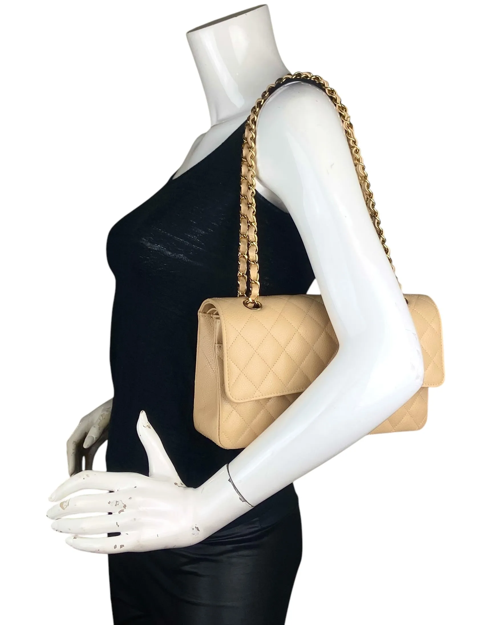 Chanel Beige Caviar Medium Double Flap GHW