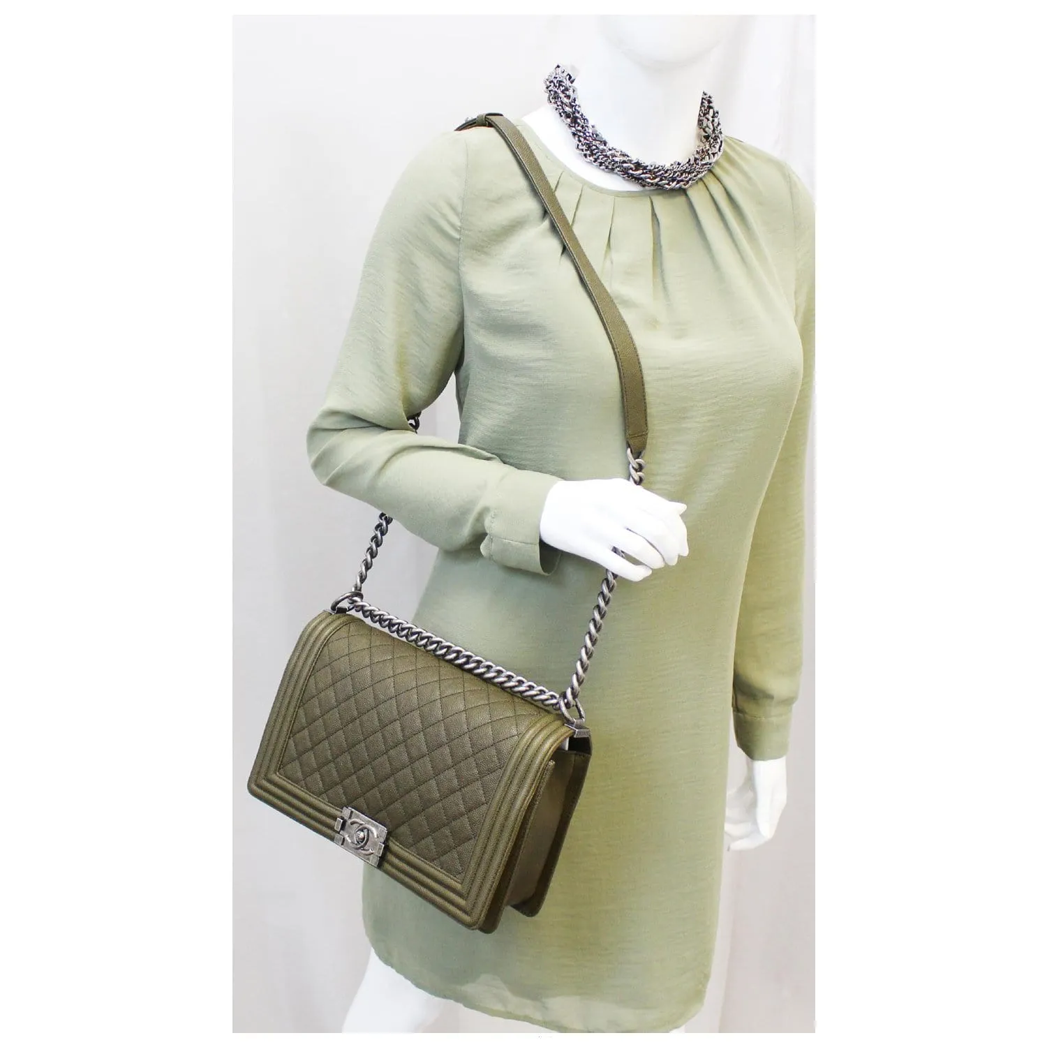 CHANEL Medium Boy Flap Caviar Leather Shoulder Bag Olive Green