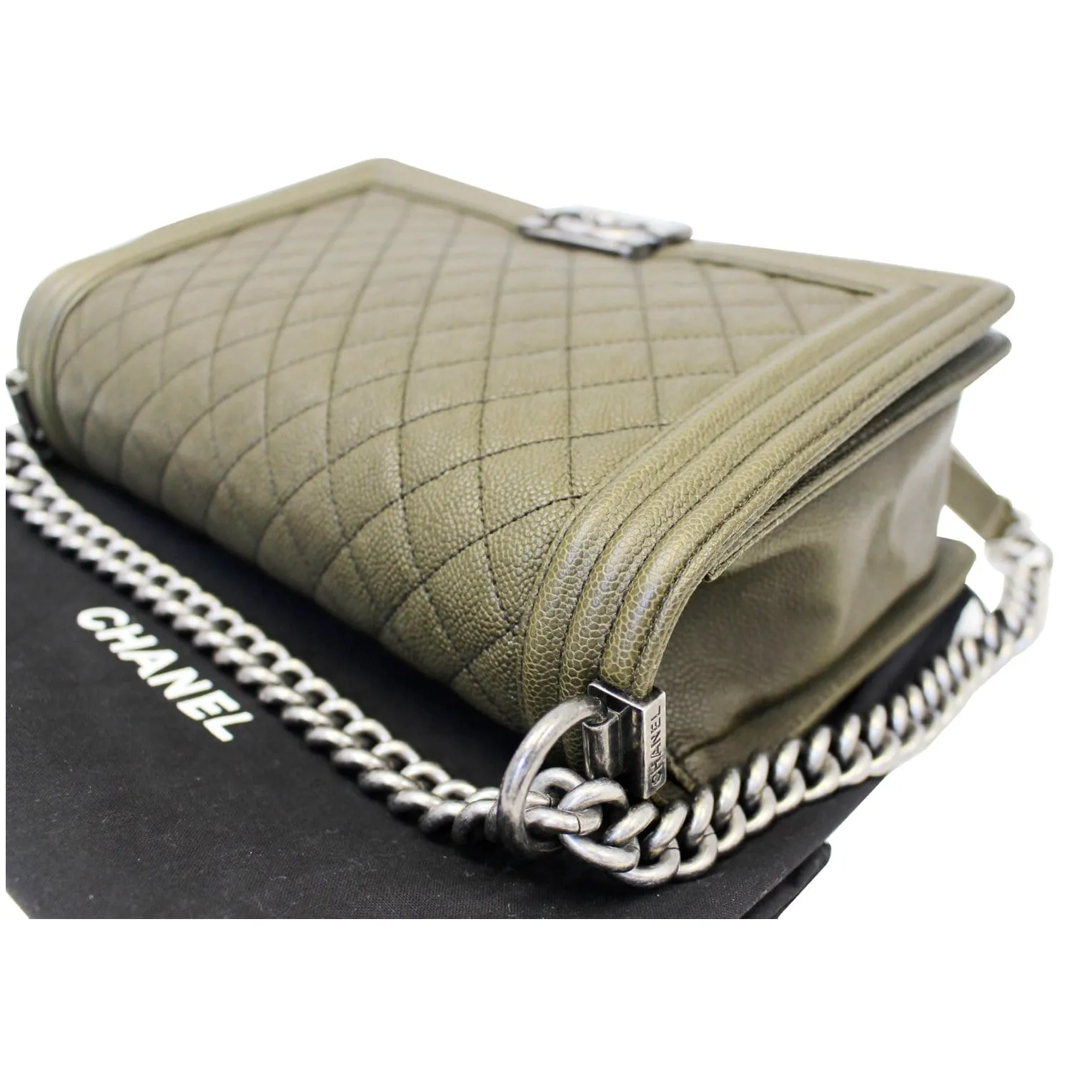CHANEL Medium Boy Flap Caviar Leather Shoulder Bag Olive Green