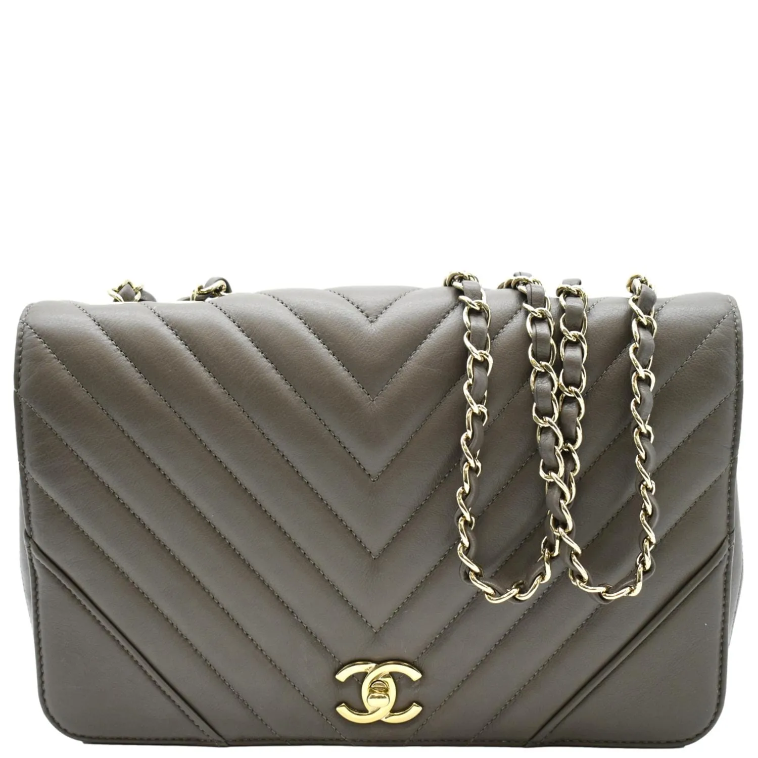 CHANEL Statement Medium Flap Quilted Chevron Crossbody Bag Khaki