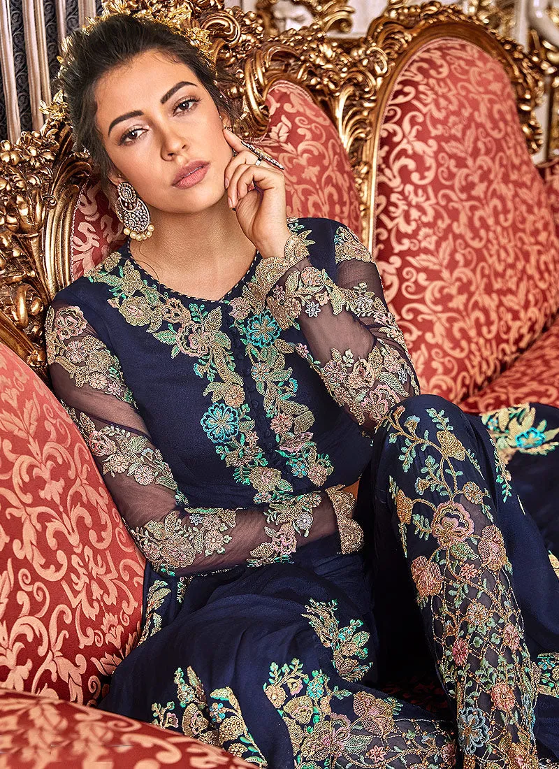 Dark Blue Floral Embroidered Anarkali Pants Suit
