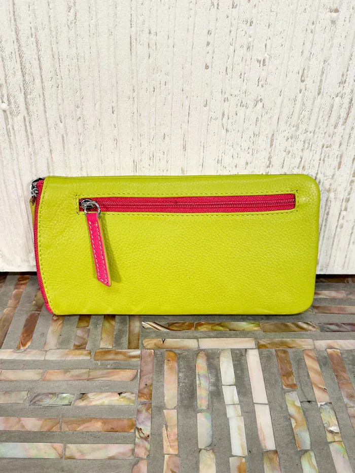 ILI New York Leather Eyeglass Case Zippered Glasses Wallet Pear Green Pink NEW
