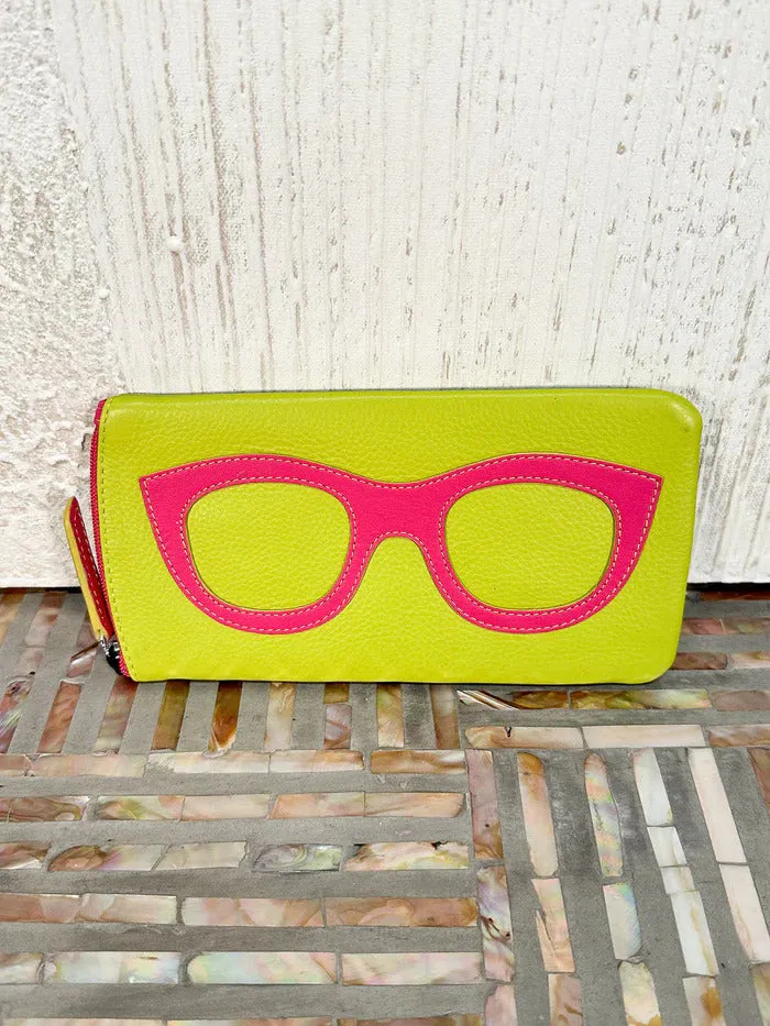 ILI New York Leather Eyeglass Case Zippered Glasses Wallet Pear Green Pink NEW