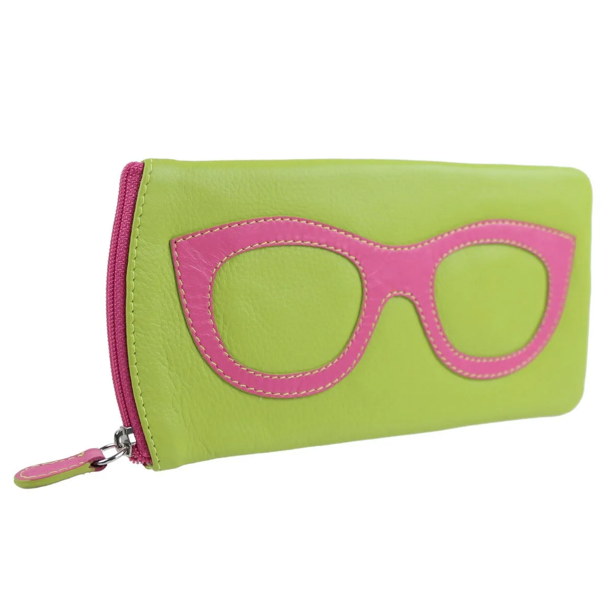 ILI New York Leather Eyeglass Case Zippered Glasses Wallet Pear Green Pink NEW