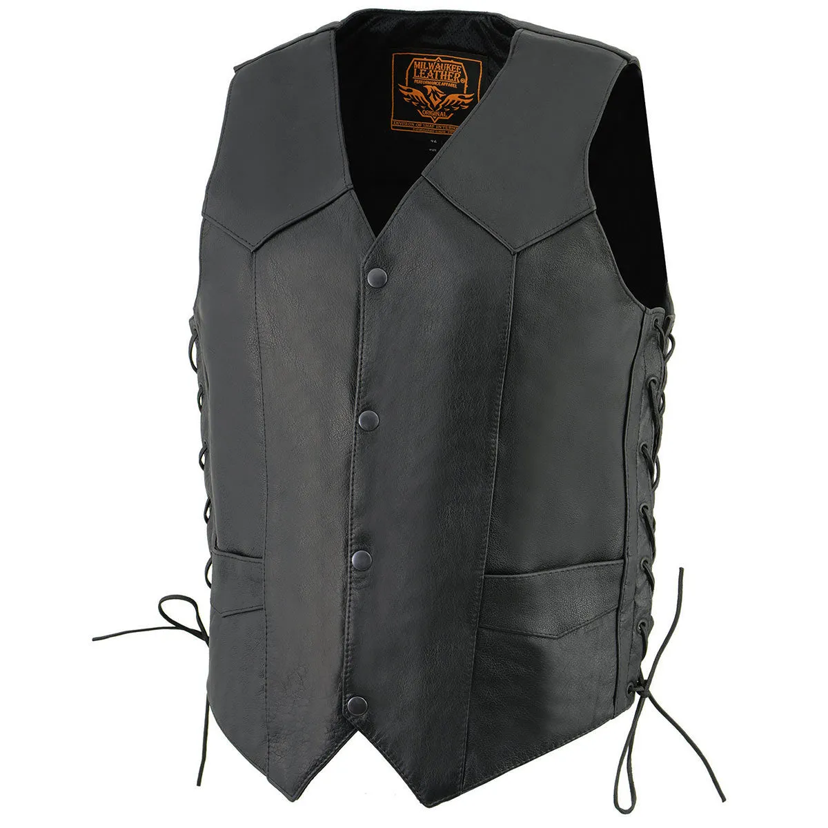LKM3731 Side Lace Men's Black Leather Classic Side Lace V-Neck Motorcycle Rider Vest w/ Front Snap Closure