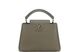 LOUIS VUITTON M57227 CAPUCINES BB, KHAKI COLOR TAURILLON LEATHER SILVER HARDWARE, WITH STRAP & DUST COVER