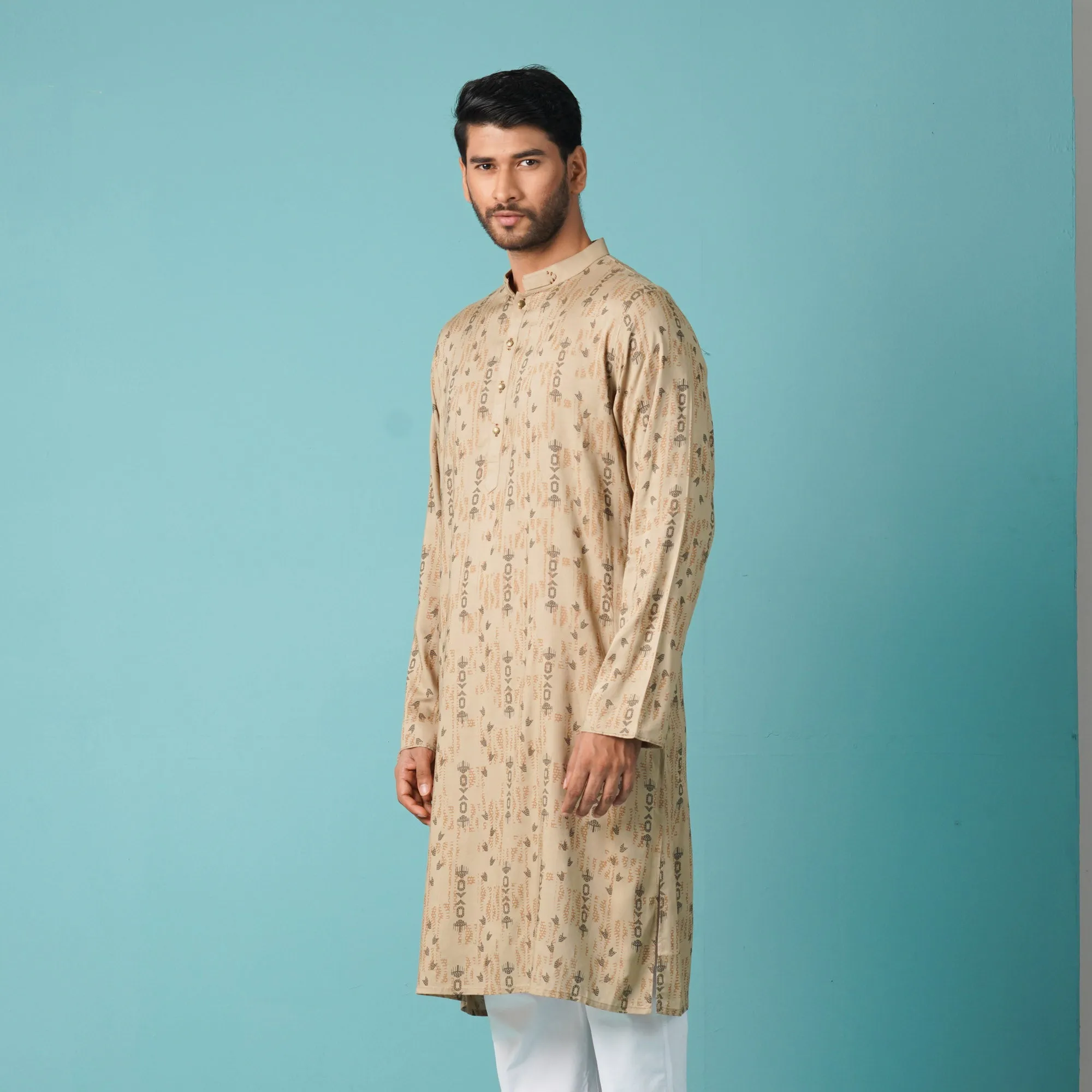 Mens Beige Printed Panjabi