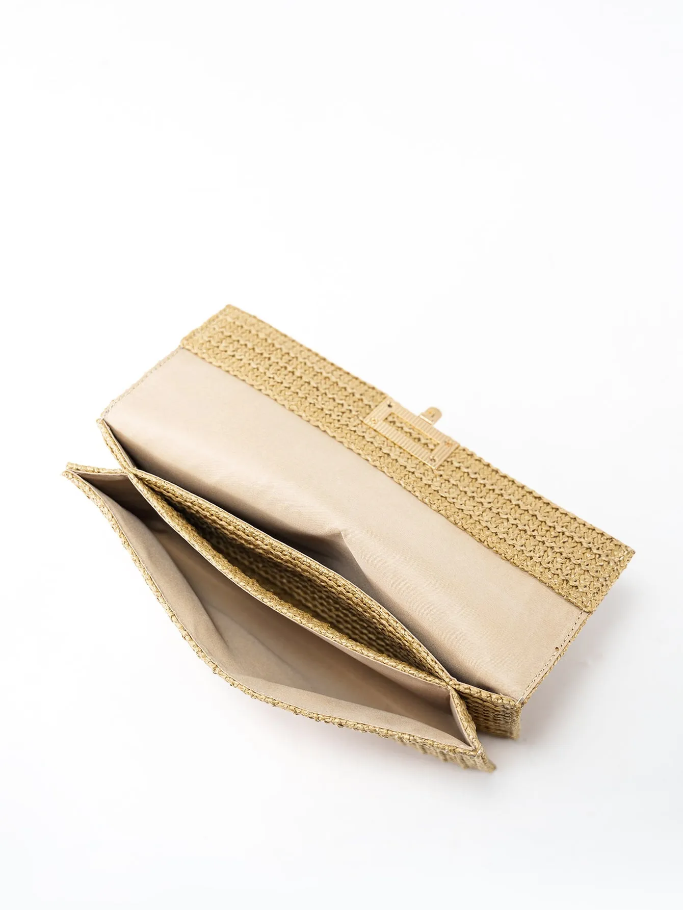 Metal Lock Flap Straw Bag - Khaki
