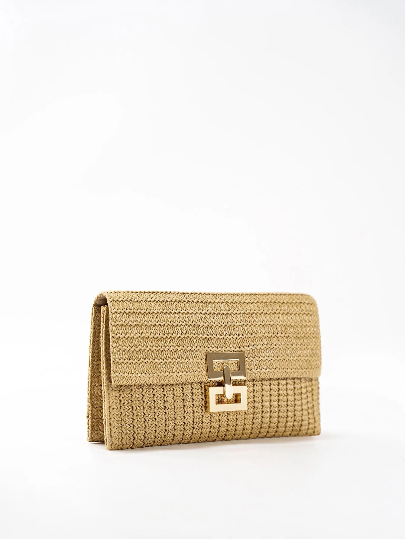 Metal Lock Flap Straw Bag - Khaki