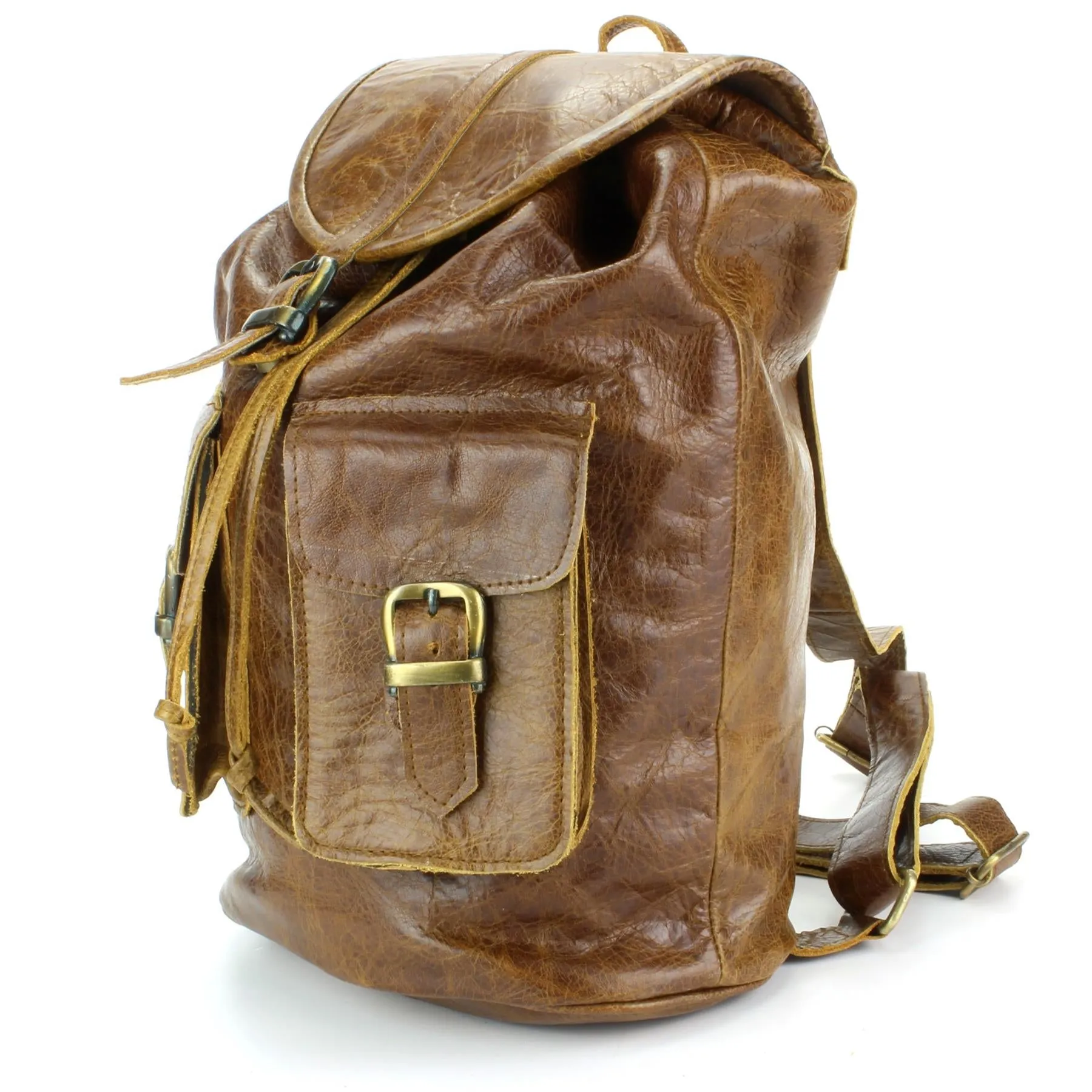 Real Leather Backpack with Two Front Pockets - Brown